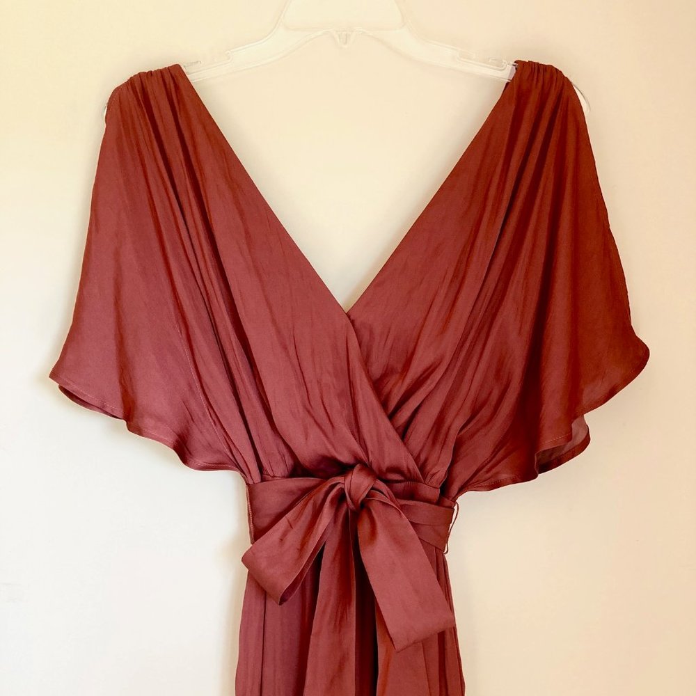 Express Copper Surplice Wide Leg Lined Jumpsuit Sz XS Split Sleeve Tie Belt